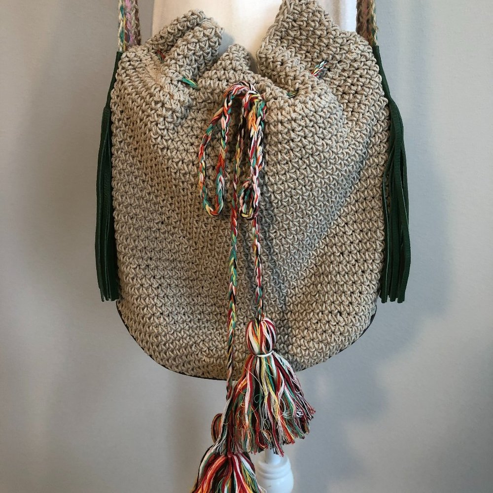 NEW Crochet Bucket Bag with Green Leather Trim by POL
